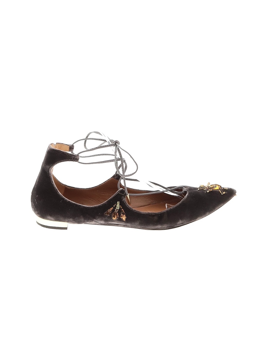 Aquazzura Christy Fauna Brown Velvet Bee Flats Sz EU 39.5 Lace-Up